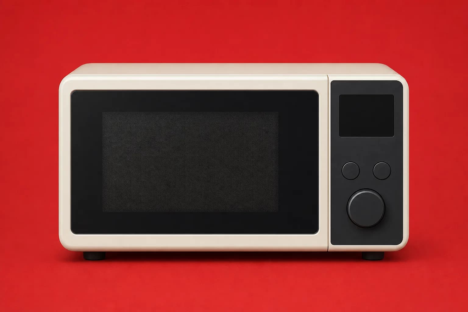 Cream countertop microwave with a dark glass door and right-side control panel