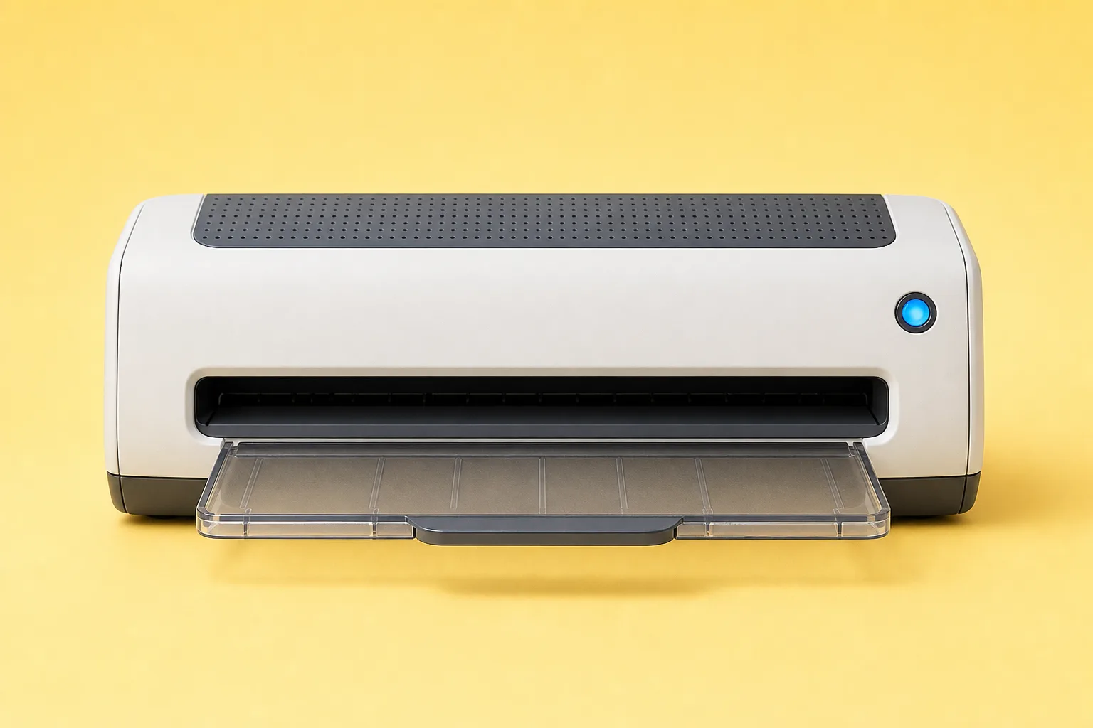 Modern office laminator with a wide intake slot and transparent output tray