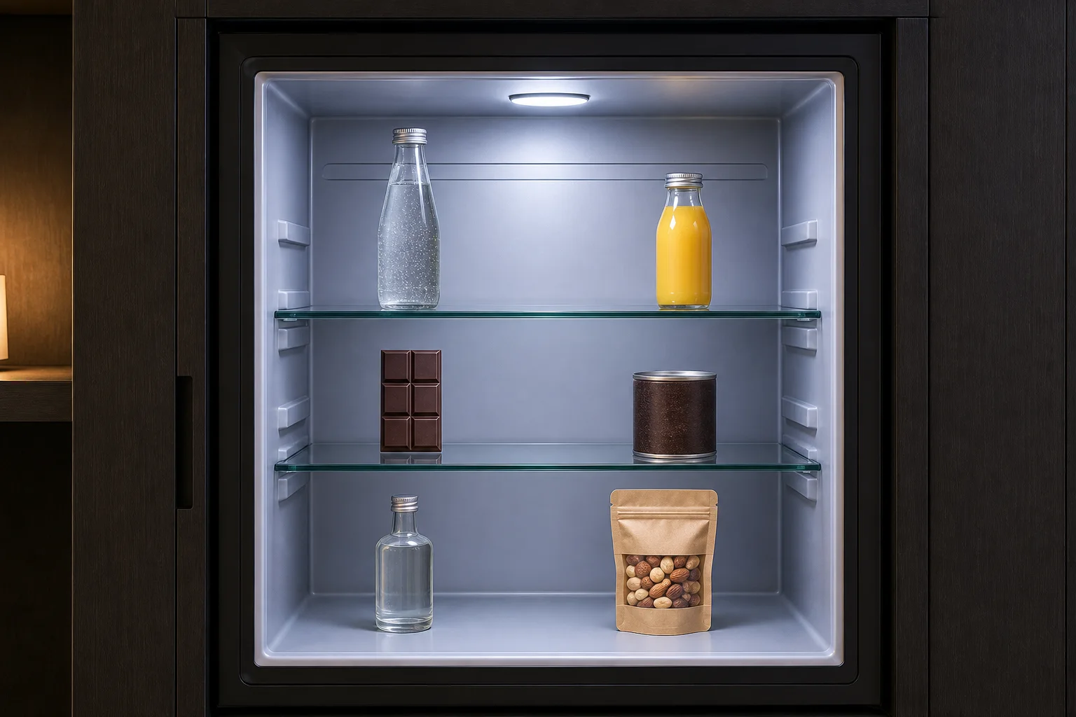 Open hotel minibar with six products arranged on three shelves