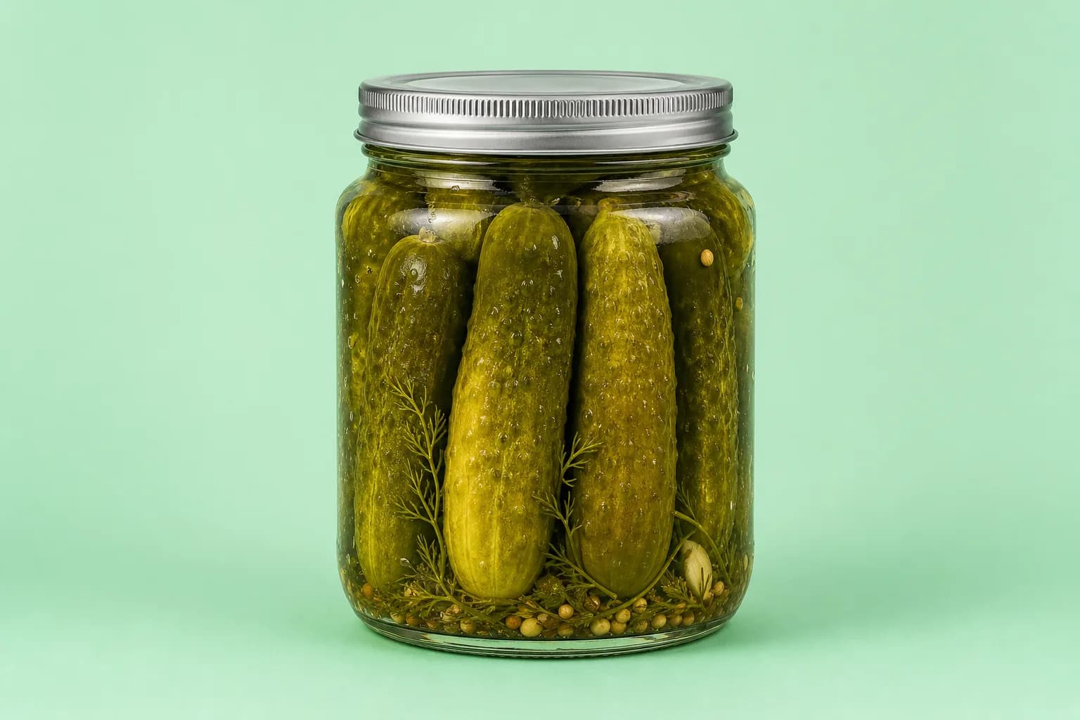 Large clear glass jar of dill pickles with a silver screw lid