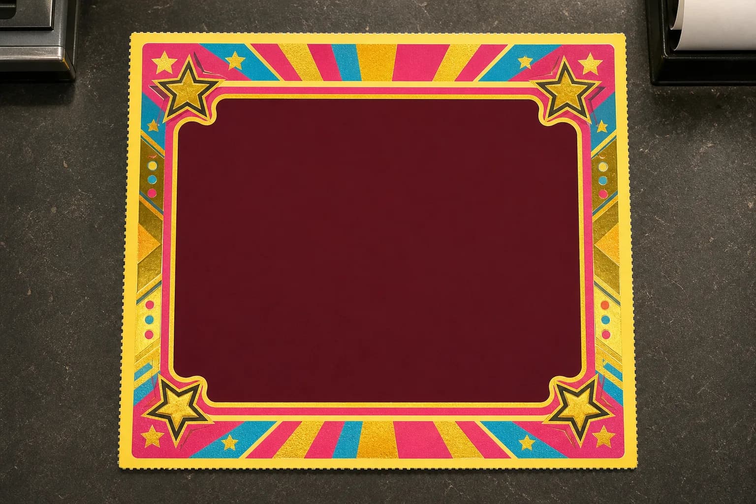 Bright fictional lottery ticket lying on a convenience-store counter