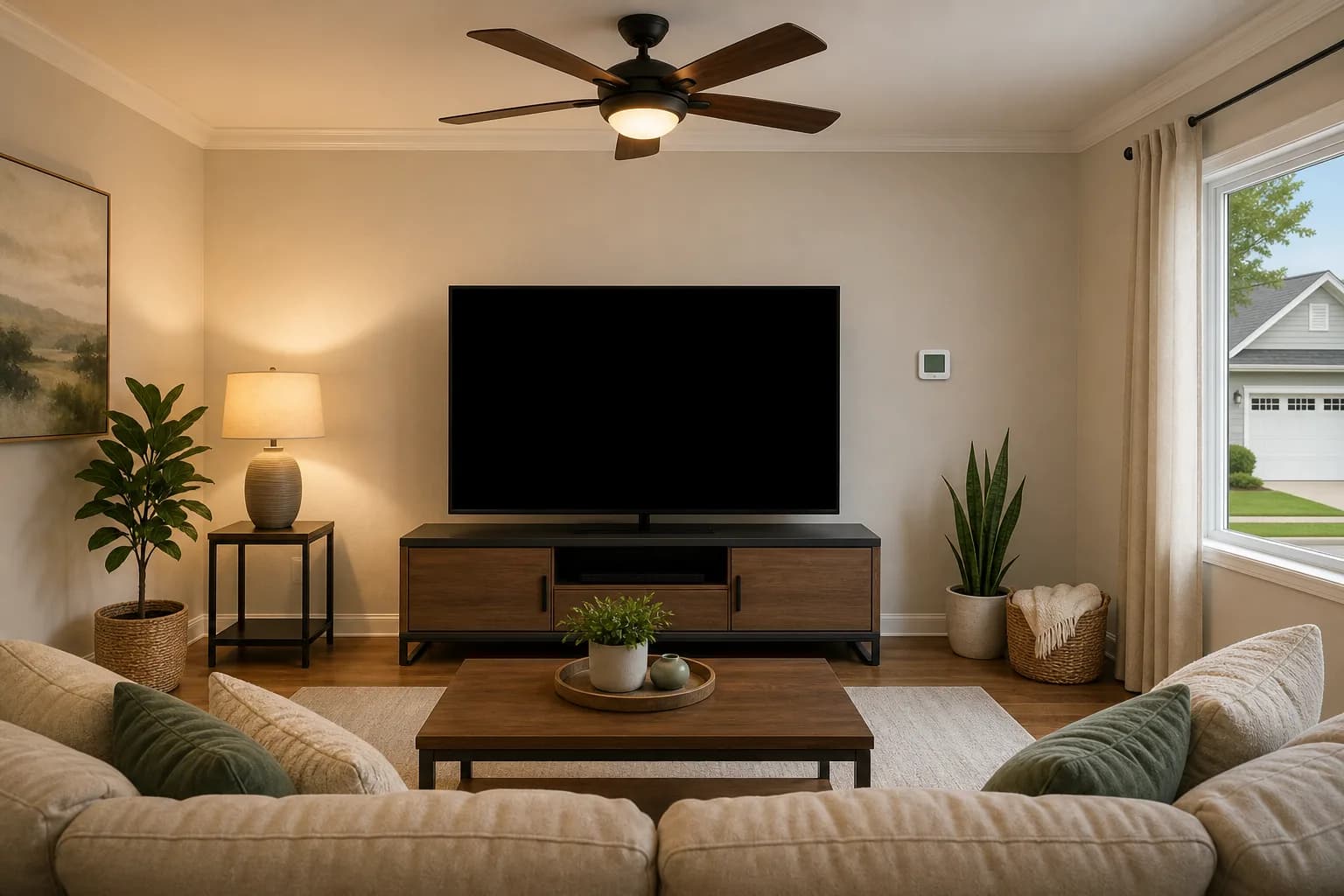 Living room with television, table lamp, thermostat, ceiling fan, and neighboring garage