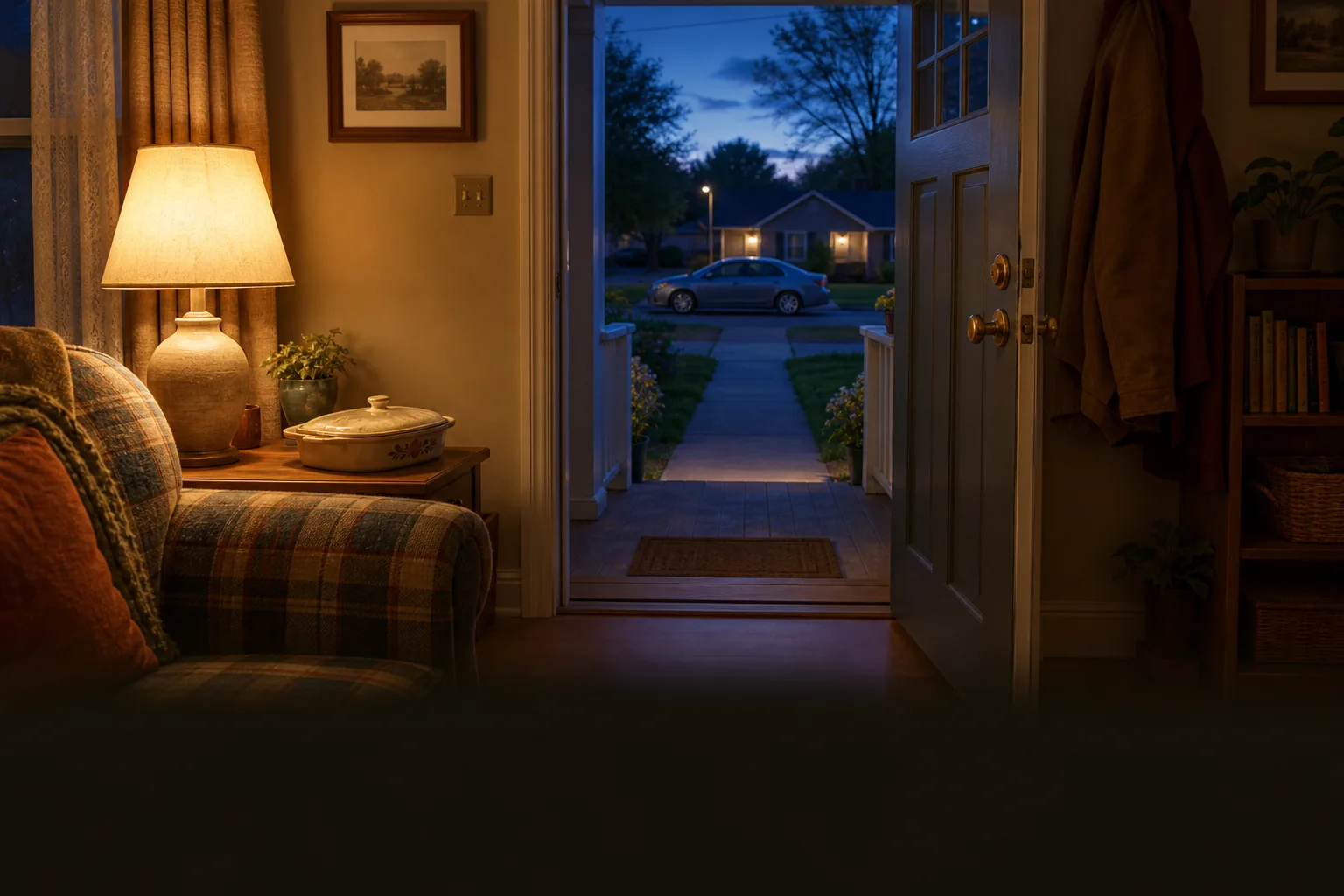 Warm living room opening onto a porch, walkway, driveway, and waiting car at dusk